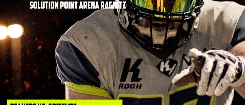 Footballspieler trägt einen Helm und Handschuhe mit der Nummer 57. Spieltag und Reaver's Weinfest. Feiern des letzten Heimspiels der Saison mit der Kultur der Südsteiermark. Samstag, 6. Juni - 14:00, Solution Point Arena Ragnitz.