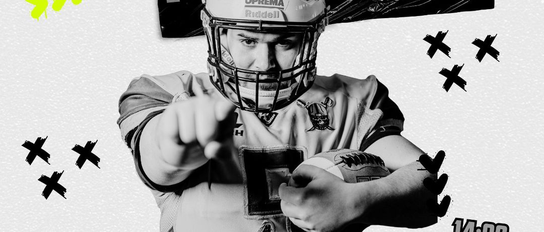 Bild enthält, Advertisement, Poster, Helmet, Person, Playing American Football, QR Code, Rugby Ball, Face, Head, Bird