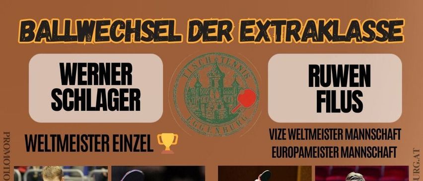 Plakat für eine Tischtennis-Veranstaltung mit Bildern von Spielern. Es zeigt Details der Veranstaltung: Datum, Uhrzeit, Ort, Eintrittspreise und Informationen zum Kartenverkauf.