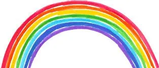 Ein farbenfroher Regenbogen mit sieben verschiedenen Farben: rot, orange, gelb, grün, blau, indigo und violett. Er ist handgezeichnet mit Aquarellfarben auf weißem Hintergrund.