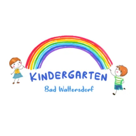 Ein Logo für Kindergarten Bad Waltersdorf zeigt zwei Kinder, die einen Regenbogen halten, mit den Worten 'Kindergarten Bad Waltersdorf'.