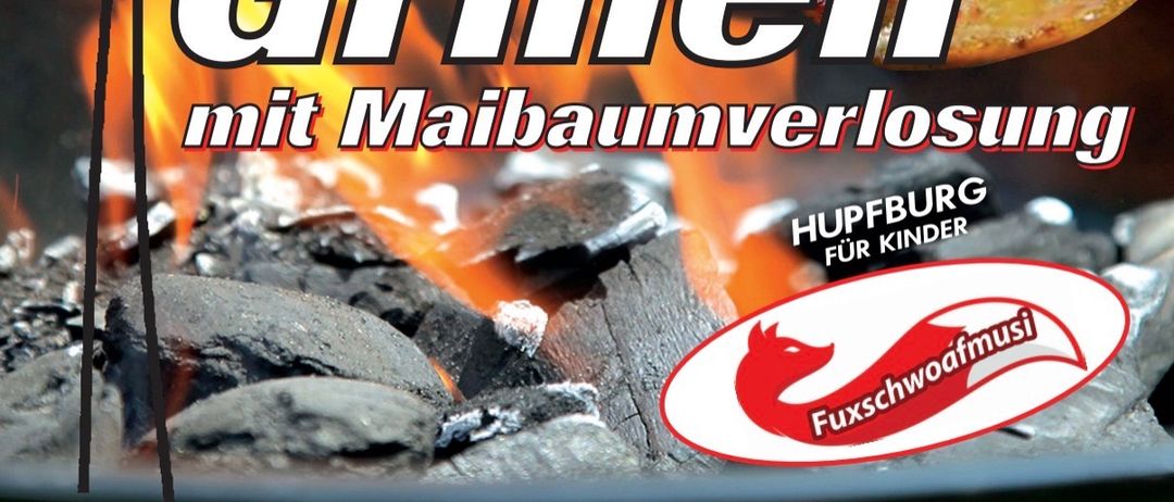 Plakat für eine traditionelle Grillveranstaltung mit einem Feuerkorb, einem Stück gegrillten Fleischs und einem Logo für eine Kinderveranstaltung. Datum: Sonntag, 23. August 2026, Beginn um 10:00 Uhr. Ort: Gasthaus Hendlstation. Veranstalter: Griemich.