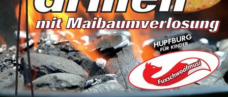 Plakat für eine traditionelle Grillveranstaltung mit einem Feuerkorb, einem Stück gegrillten Fleischs und einem Logo für eine Kinderveranstaltung. Datum: Sonntag, 23. August 2026, Beginn um 10:00 Uhr. Ort: Gasthaus Hendlstation. Veranstalter: Griemich.
