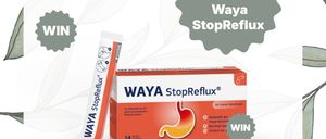 Ein Werbebild für WAYA StopReflux, das eine Box und einen Tube zeigt. Die Box ist mit 'WAYA StopReflux' und Zitronengeschmack beschriftet. Die Tube hat Anweisungen und ein Magenbild. Der Text lautet 'Gewinne 2x1 WAYA StopReflux'. Es gibt mehrere 'WIN'-Symbole, die verstreut sind.