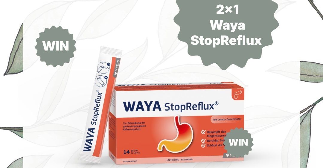 Ein Werbebild für WAYA StopReflux, das eine Box und einen Tube zeigt. Die Box ist mit 'WAYA StopReflux' und Zitronengeschmack beschriftet. Die Tube hat Anweisungen und ein Magenbild. Der Text lautet 'Gewinne 2x1 WAYA StopReflux'. Es gibt mehrere 'WIN'-Symbole, die verstreut sind.