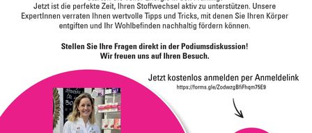 Ein Flyer lädt zu einem Webinar über Stoffwechselmanagement um 18:30 Uhr ein. Es wird von Eva Mittag, einer Apothekerin, und einem QR-Code für die Anmeldung vorgestellt. Die Veranstaltung bietet Tipps und Tricks für nachhaltiges Wohlbefinden.
