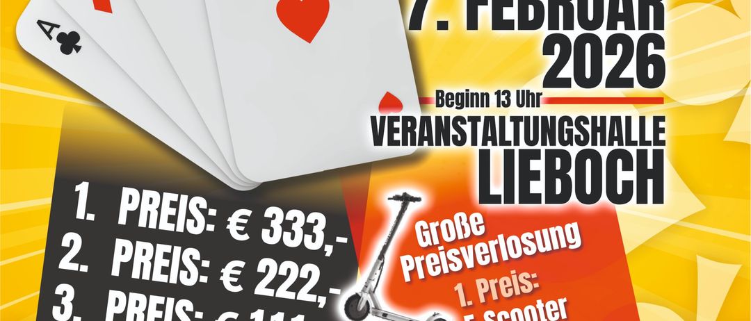 Ein Plakat bewirbt eine 'Preis Schnapsen'-Veranstaltung am Samstag, 7. Februar 2026, Beginn 13 Uhr. Es bietet Preise wie einen E-Scooter, Bargeld und Fleisch-/Käsekörbe an.