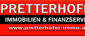 Ein roter und schwarzer Banner zeigt das Logo von Pretterhofer Immobilien & Finanzservice mit einem Haus-Symbol, der Website www.pretterhofer-immo.at und dem Firmennamen.
