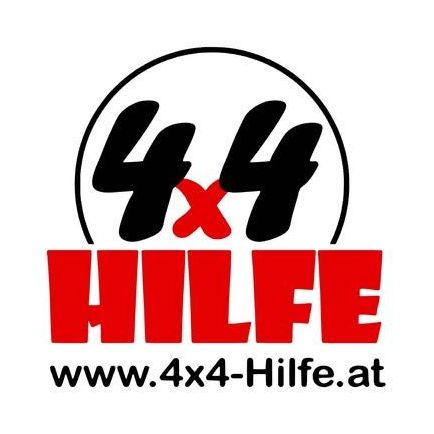 Das Logo für 4x4 Hilfe zeigt die Zahl 4x4 in Schwarz mit einem roten X in der Mitte. Darunter steht das Wort Hilfe in Rot. Die Website-Adresse www.4x4-Hilfe.at ist ebenfalls angegeben.