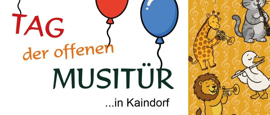 Plakat für das offene MUSITÜR in Kaindorf. Bietet Instrumente, Bastelstation, Infos über MMK, Betreuung und viel Spaß. Datum: 4. September 2026, Zeit: 15:00 - 19:00 Uhr. Ort: Musikhaus (über der Raiffeisenbank).