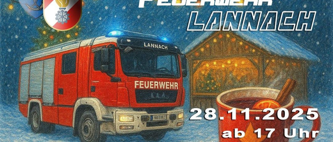 Ein Poster für die Freiwillige Feuerwehr Lanna-Veranstaltung am 28. November, mit einem Feuerwehrwagen und einer Tasse Tee mit Stern.