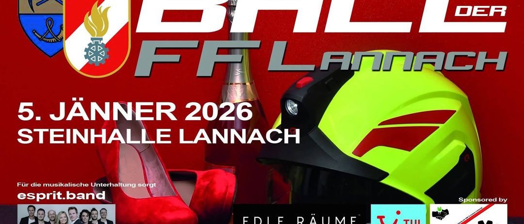 Plakat für den Ball FF Lannach 2026 mit roten High Heels, einer Champagnerflasche und einem Schutzhelm. Der Schutzhelm hat ein rotes und gelbes Farbschema.