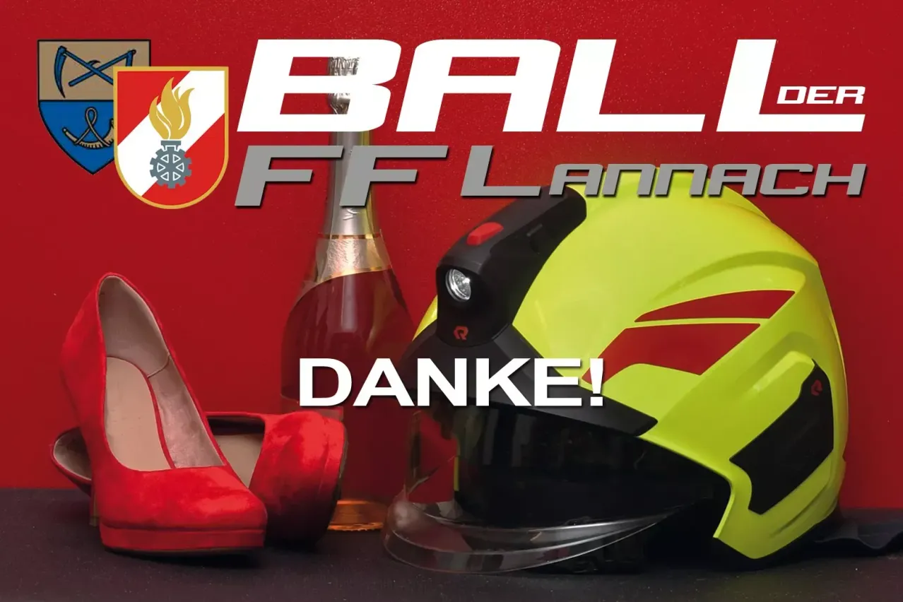Ein roter Hintergrund zeigt das Wort 'BALL' mit einem Logo darüber. Ein Feuerwehrhelm, eine Flasche und zwei rote High Heels sind im Vordergrund platziert. Das Wort 'DANKE!' ist in Weiß am unteren Rand geschrieben.