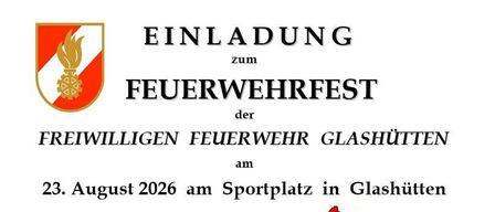 Plakat für die Veranstaltung der Freiwilligen Feuerwehr Glashütten am 23. August 2026 mit einem Sprungburg, einem Cartoon-Feuerwehrmann und der Band Schieber Tol Trio.