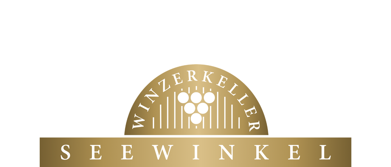 Goldenes Logo mit 'Winzerkeller E-Wine' in weiß, zeigt eine stilisierte Weinflasche und Trauben.