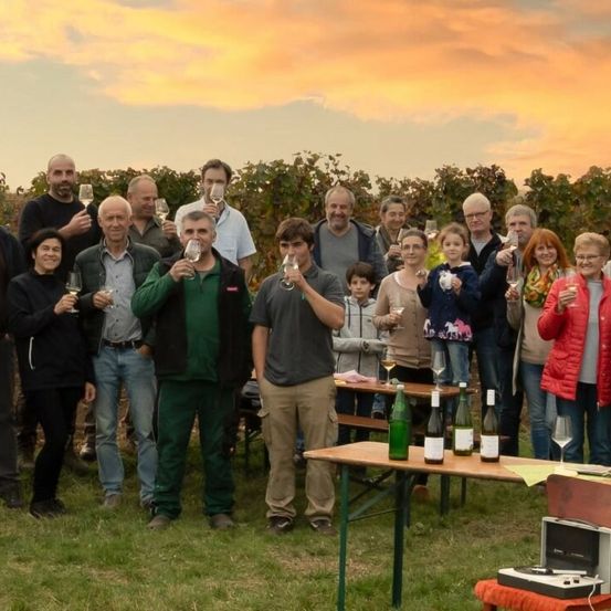 Eine Gruppe von Menschen versammelt sich in einem Weinberg, einige halten Weinglaser in der Hand, wahrscheinlich zur Feier einer Ernte. Der Hintergrund zeigt einen bewölkten Himmel, einen Holztisch mit Flaschen und Weingläsern und ein Stereogerät auf einem nahegelegenen Tisch.