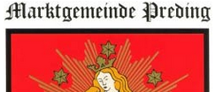 Das Bild zeigt ein heraldisches Wappen mit einer Darstellung der Jungfrau Maria, die ein Baby auf dem Schoß hält und auf einem Halbmond steht, umgeben von Sternen. Es ist in einem roten Schild eingefasst, mit den Worten 'Marktgemeinde Preding' oben.