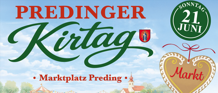Plakat für den Preding Markt mit blauem Himmel, einer Kirche und Menschen, die Stände und Essen genießen.