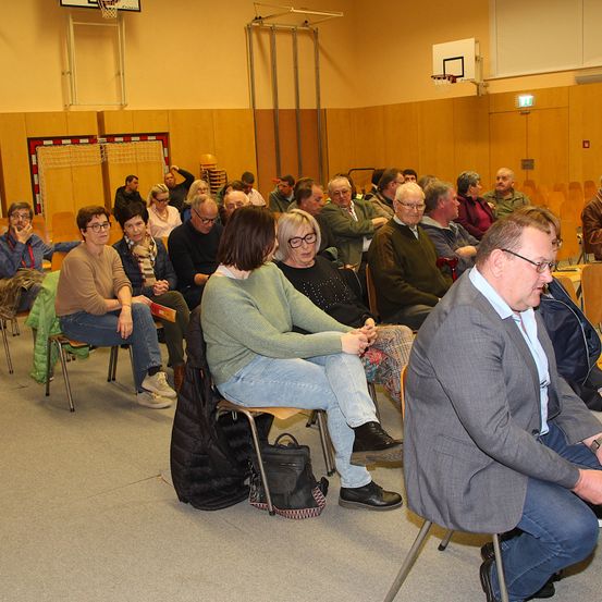 Eine Gruppe von Menschen sitzt in einem Saal mit Stühlen, einige mit Brille und Jacken. Ein Basketballkorb ist an der Wand montiert, und eine Tasche liegt auf dem Boden in der Nähe einer Person.