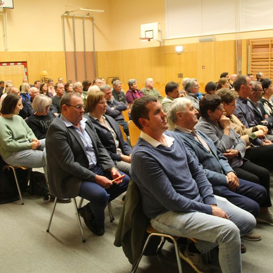 Eine große Gruppe von Menschen sitzt in einem Raum. Einige tragen Brillen und Schuhe. Ein Mann hält einen Stift. Sie sitzen alle auf Stühlen.