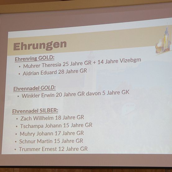 Eine Folie zeigt eine Liste von Namen und Jahren. Oben steht 'Ehrung', gefolgt von 'Ehrenring GOLD' und Namen. Darunter folgt 'Ehrennadel GOLD' mit Namen und Jahren. Abschließend listet 'Ehrennadel SILBER' Namen und Jahre auf.