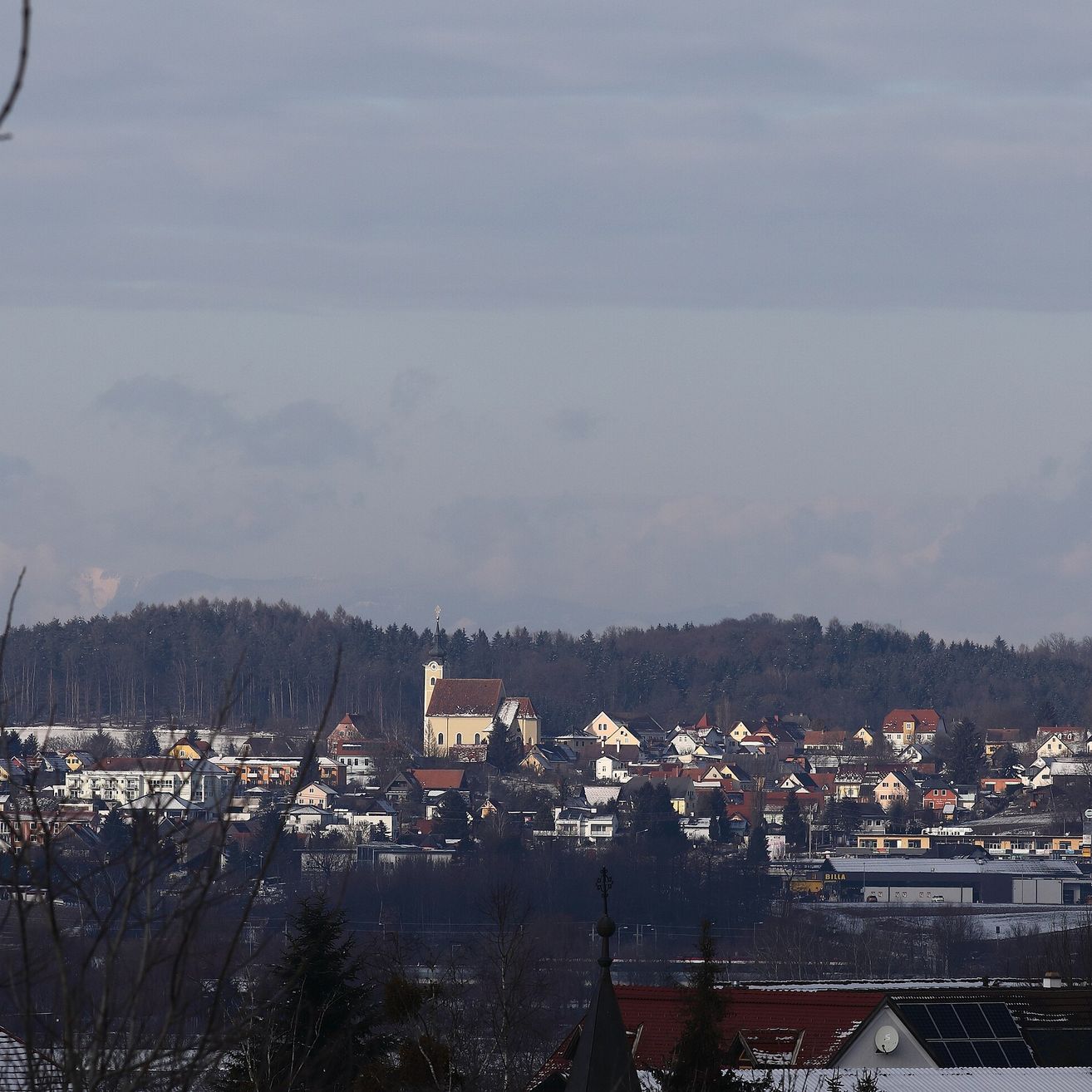 Ein Blick auf eine Stadt mit vielen Gebäuden und Bäumen unter einem bewölkten Himmel. Eine Kirche ist in der Mitte sichtbar.
