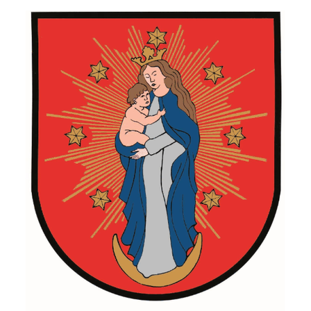 Illustration von Maria, die ein Kind hält, beide gekrönt, auf einem Halbmond mit Sternen auf einem roten Schild positioniert.