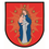 Preding-Logo. Illustration von Maria, die ein Kind hält, beide gekrönt, auf einem Halbmond mit Sternen auf einem roten Schild positioniert.