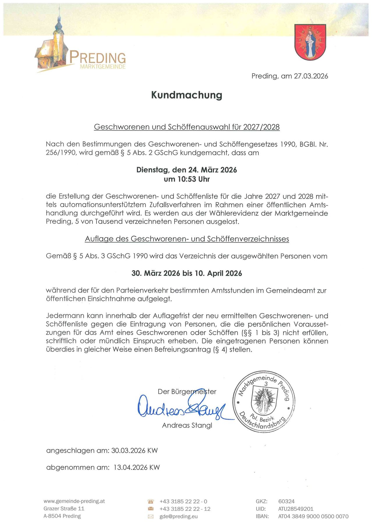 A public announcement is made regarding the creation of a list of voters for the years 2027 and 2028, including automated procedures. The announcement is dated March 24, 2026, at 10:53 AM.