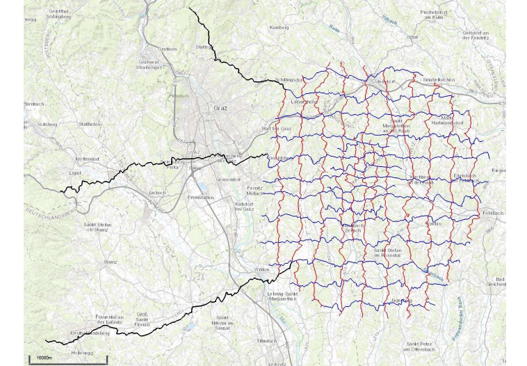 A map showing various geographical features including towns, rivers, and elevation levels. The map is divided into sections with a legend at the bottom.