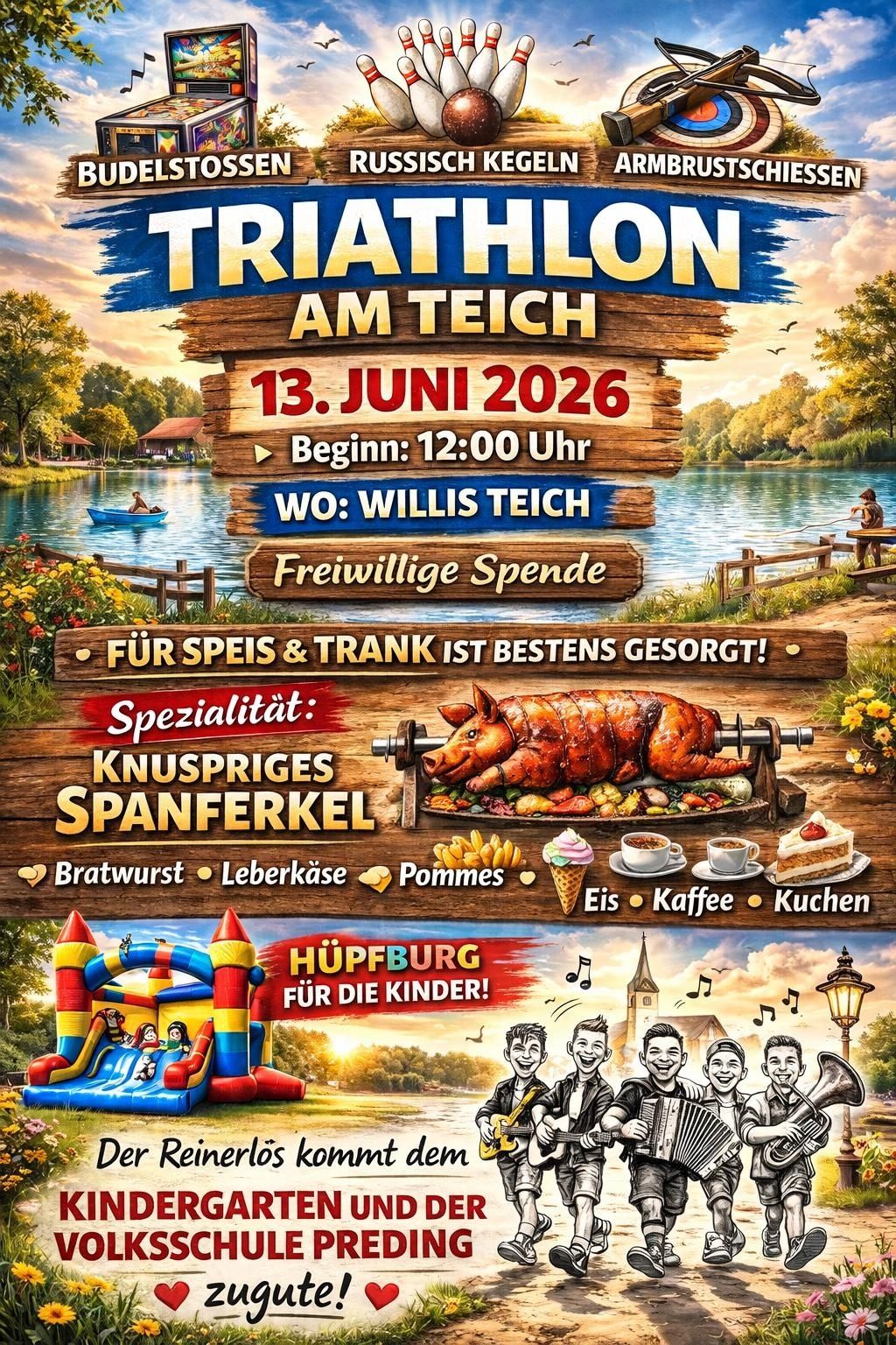 Triathlon event at Teich, starting June 13, 2026 at 12:00 PM. Special food includes roasted pig, sausages, fries, ice cream, coffee, and cakes. Children's activities include a bouncy castle.