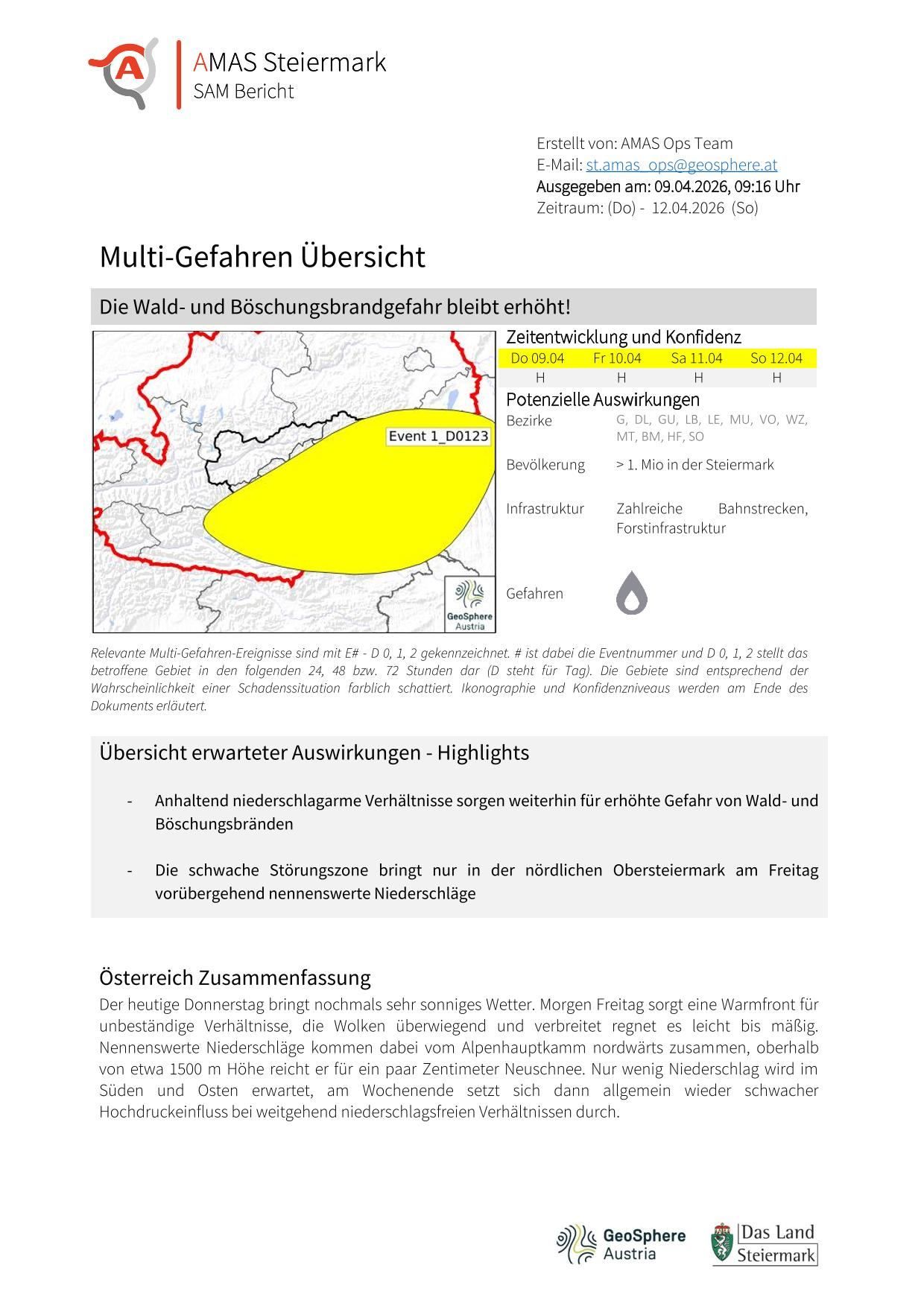 The multi-hazard overview shows the forest and slope fire risk remains high. The time and confidence of the event are marked with an orange dot. Expected effects include heavy rainfall and wet conditions for higher risk of forest and slope fires.