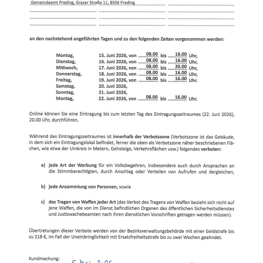 Das Dokument listet Zeiten für verschiedene Aktivitäten an bestimmten Tagen auf. Es beschreibt verbotene Aktivitäten innerhalb der Verbotszone. Die Verbotszone bezieht sich auf ein Gebäude, in dem sich ein Eintrittspunkt befindet. Online-Einträge können bis zum letzten Tag des Eintragungszeitraums erfolgen.