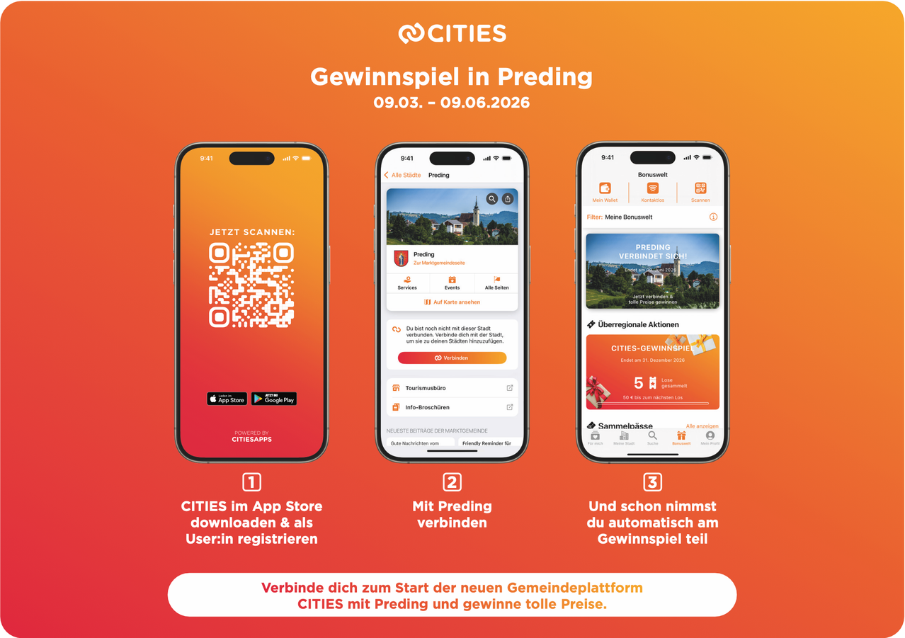 Eine Werbung für die App CITIES zeigt drei Bildschirme der App in Gebrauch. Ein Bildschirm zeigt einen QR-Code und Symbole für Apple und Google Play. Die anderen Bildschirme zeigen eine Landschaft, eine Bonus-Geldbörse und einen Preis. Der Text lautet: 'CITYES in Preding 09.03 - 09.06.2026'.