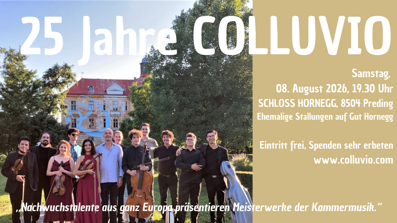 Eine Gruppe Musiker vor einem historischen Gebäude mit Text auf Deutsch und Englisch.
