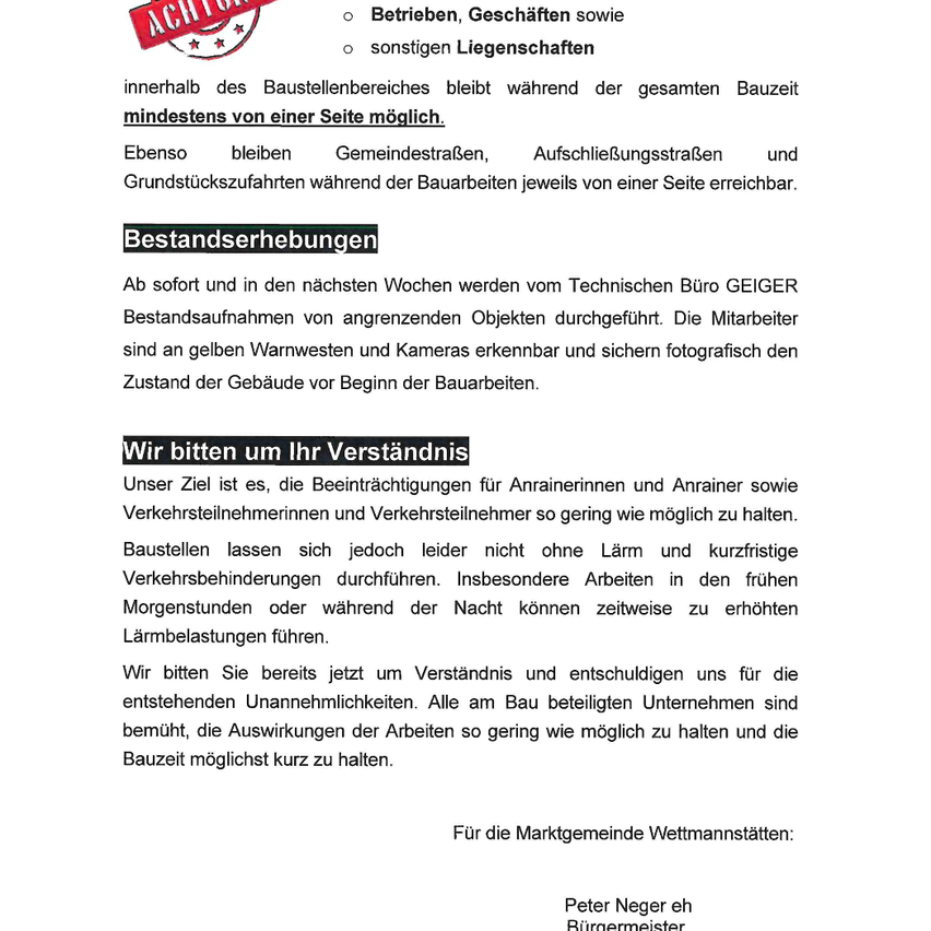 Dokument zur Diskussion von Baustellenoperationen, betont minimale Störungen für Verkehr und nahegelegene Bereiche, mit sofortiger Bestandsaufnahme und Fotografie von umliegenden Objekten. Es bittet auch um Verständnis für etwaige Unannehmlichkeiten.