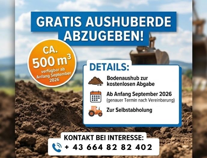 An advertisement for free soil removal starting September 2026, available for approximately 500 cubic meters. The ad features a tractor and a contact number.