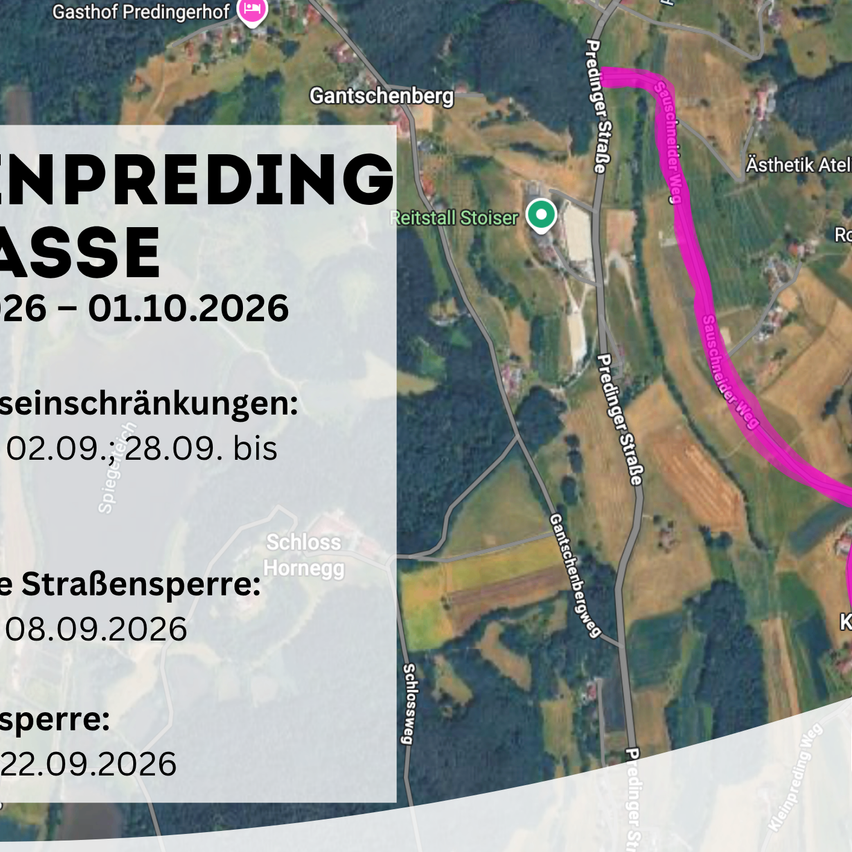 A map showing road closures in Preding, Austria from September 2 to October 1, 2026, with specific dates and locations marked.