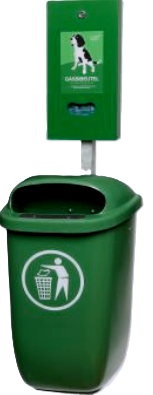 A green trash bin with a dog icon and a person disposing of trash in a trash can. Above the bin is a green sign with a dog icon.