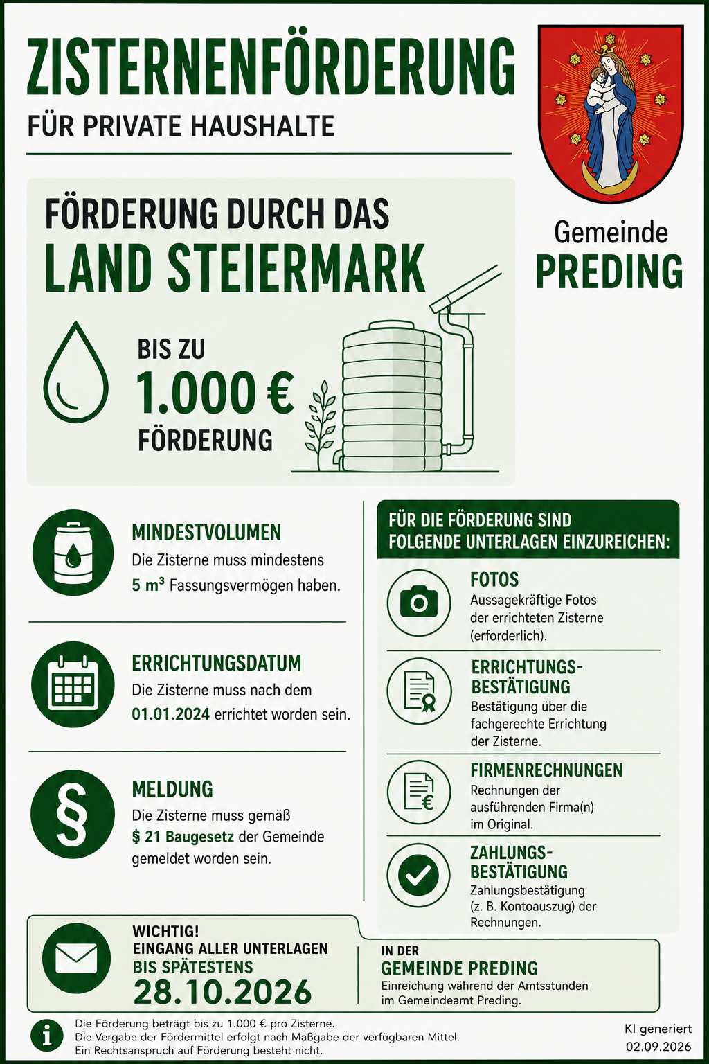 An infographic about funding by the Land Steiermark, showing a cistern, a calendar, and a building permit. It lists requirements such as minimum cistern volume, construction date, and notification to the community.