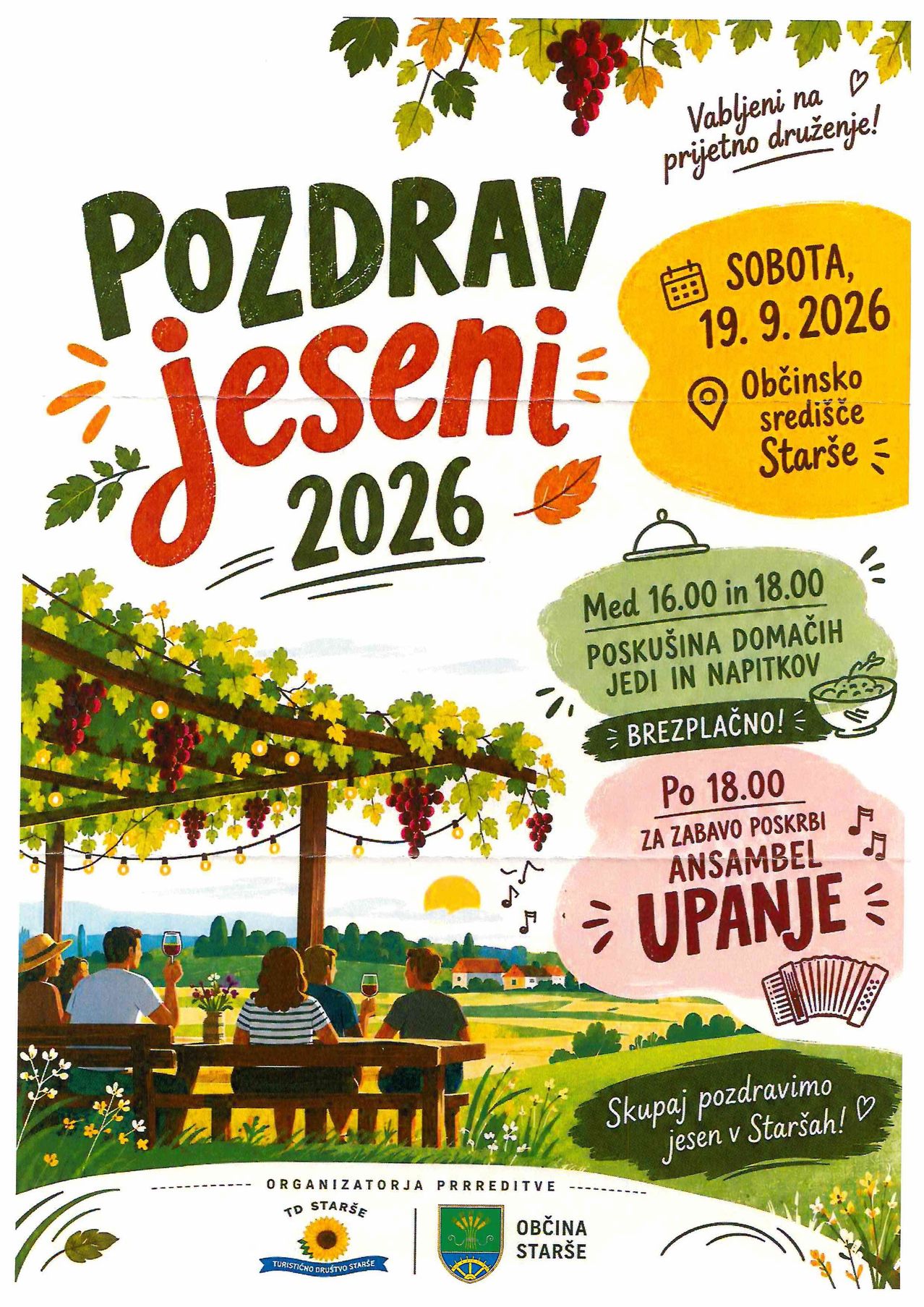 Postcard Jeseni 2026 poster with a vineyard scene, people sitting at a table, and text in Slovenian.