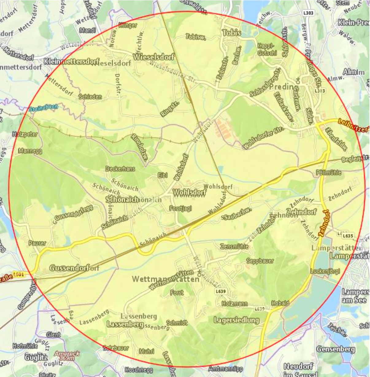 Eine Karte mit einem roten Kreis, der einen zentralen Bereich hervorhebt. Sie enthält mehrere Ortsnamen, Straßen und geografische Merkmale. Der rote Kreis betont einen bestimmten Ort, möglicherweise einen Punkt von Interesse oder Bedeutung.