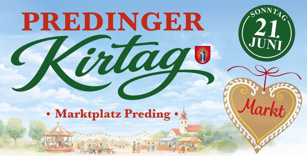 Plakat für den Preding Markttag, das ein Bild eines Dorfplatzes mit Menschen, Ständen und einer Kirche im Hintergrund zeigt. Der Himmel ist blau mit weißen Wolken.