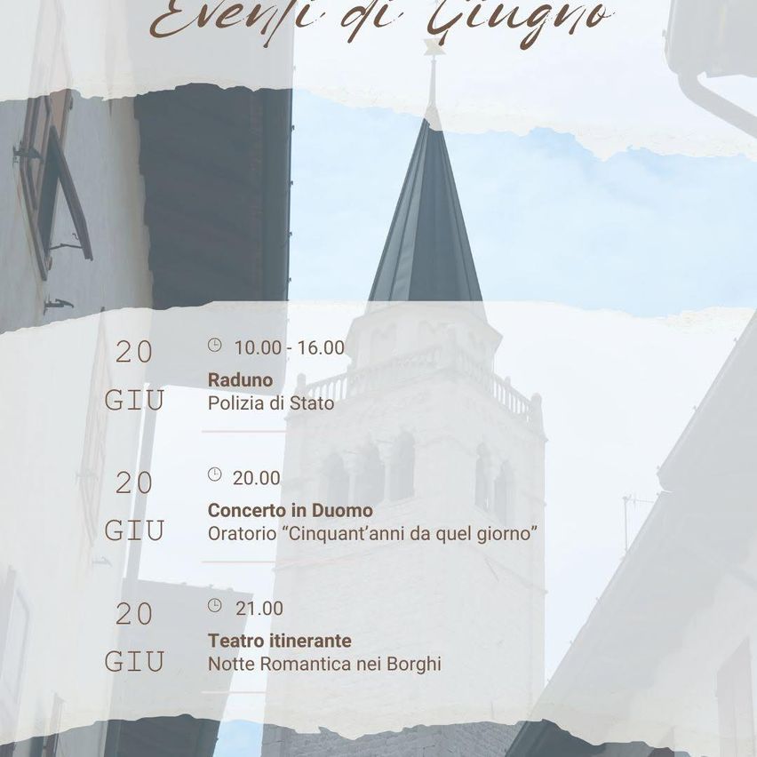 Ein Plakat für Veranstaltungen im Juni. Das Plakat zeigt eine Kirche und einen Zeitplan für den Monat. Der Zeitplan beinhaltet ein Konzert, einen Chorauftritt und eine wandernde Theateraufführung.