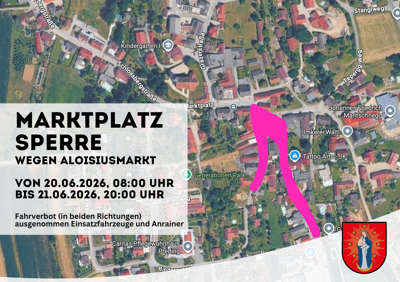 Eine Luftaufnahme zeigt eine Route vom Aloisiusmarkt zum Generationen Park. Der Zeitplan ist der 6. Juni 2026, 8:00 und 20:00. Die Route ist für Fahrzeuge und Anhänger.