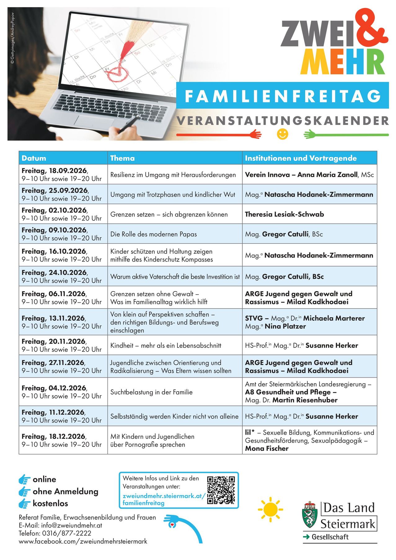 Veranstaltungskalender für Familienfreiheit mit verschiedenen Terminen, Uhrzeiten und Themen. Für jedes Ereignis werden Redner und Institutionen aufgeführt. Themen umfassen Resilienz, moderne Vaterschaft, Grenzen setzen, Kinderschutz, aktive Investition und mehr.