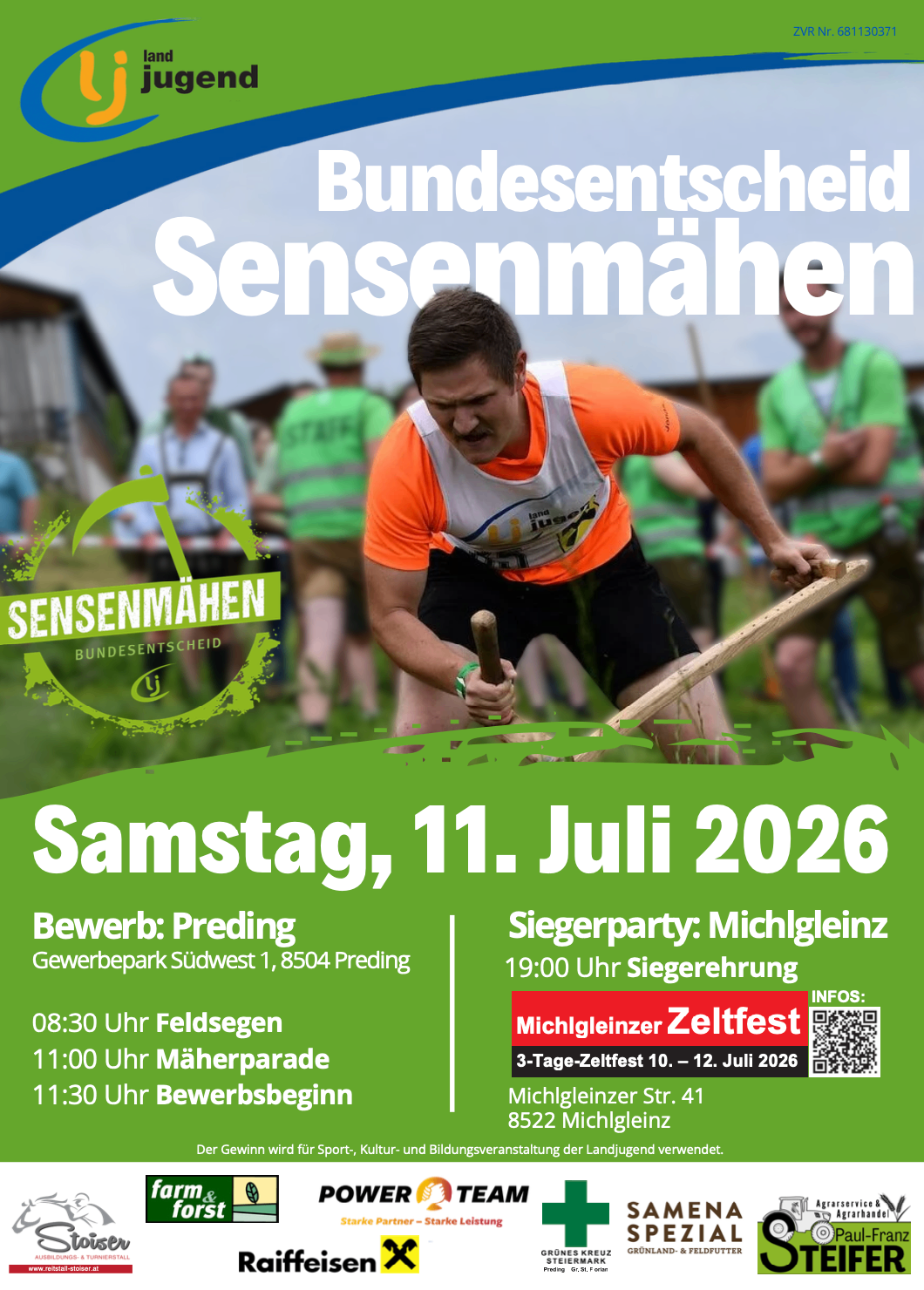 Poster for the 2026 Sensenmahen event. Scheduled for Saturday, July 11, in Preding. Activities include a field ceremony at 8:30 AM, a parade at 11:00 AM, and a start time of 11:30 AM.
