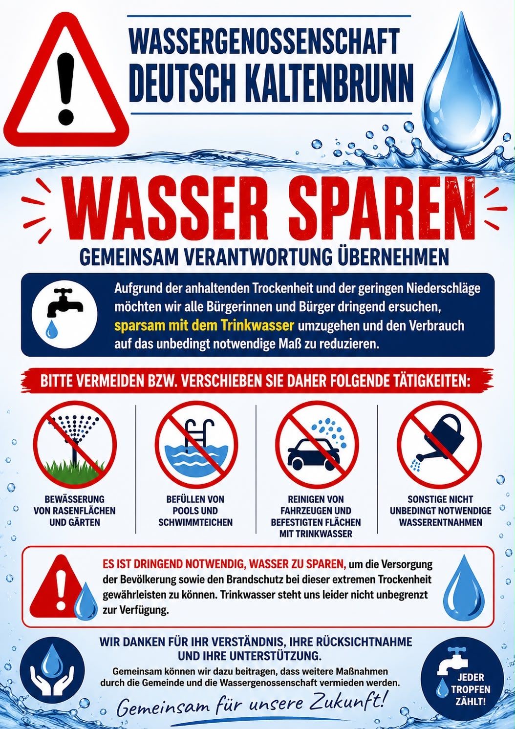 Wasser sparen: Verzicht auf Rasensprenger, Pools und Autowäsche mit Trinkwasser in Deutsch Kaltenbrunn