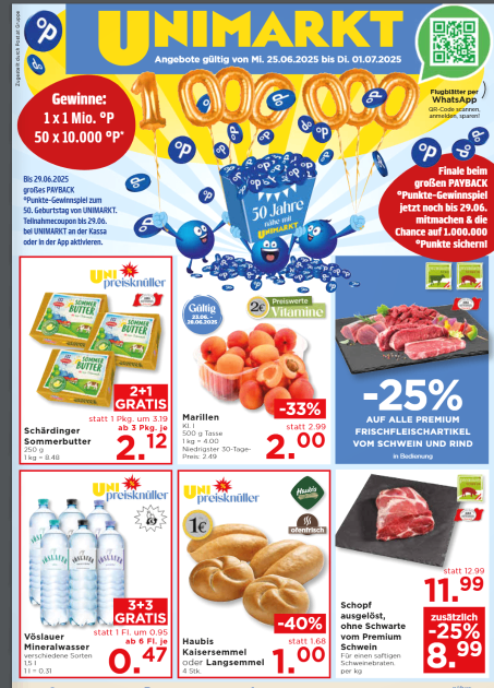 Werbeflyer für Unimarkt. Angebote gültig vom 25.06.2025 bis 01.07.2025. Gewinne 1 Million Punkte oder 50 mal 10.000 Punkte. Verschiedene Produktrabatte und Kauf-mehr-spare-mehr-Angebote. Scannen Sie den QR-Code für weitere Details.