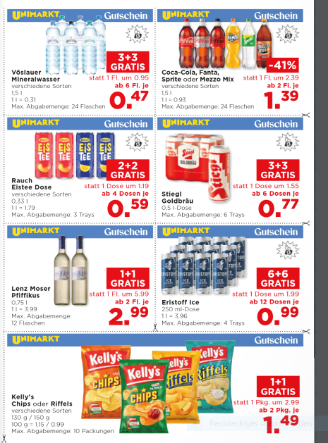 Werbebild für Unimarkt-Angebote. Beinhaltet Angebote für verschiedene Produkte wie Mineralwasser, Limonaden, Bier und Snacks. Jedes Produkt hat einen Preis, Rabatt und eine maximale Kaufgrenze.